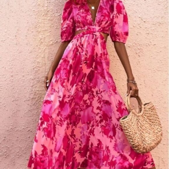 PINK BOHEMIAN SIDE SLIT FLARED MAXI DRESS - Picture 1 of 7